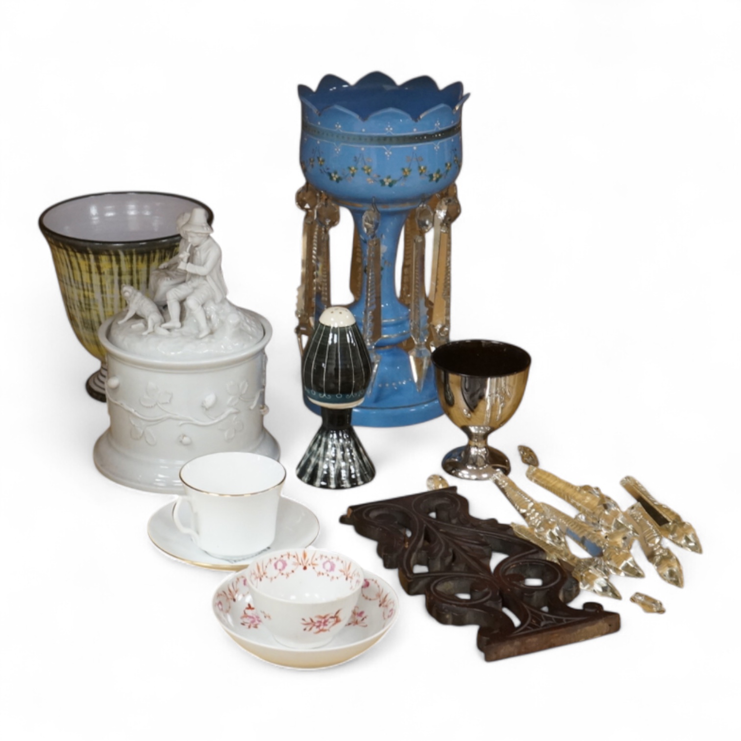 A collection of ceramics and glassware to include a lustre with drops, a bisque figure group and 19th century tea bowl and saucer